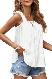Close-up of white ribbed camisole top featuring ruffled wide straps and square neckline