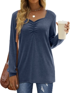 Navy blue long sleeve knit top with sweetheart neckline and ruched chest detail for women