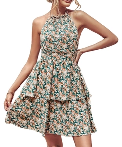 Robe d'été fleurie dos nu avec col licou et ourlet à volants superposés