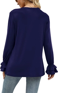 Rear view of navy blue long sleeve top with elegant double-layered bell cuffs and round neck