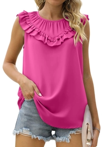 Close-up of fuchsia sleeveless chiffon top featuring elegant double-layered ruffled neckline