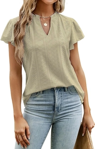 Women's V-neck eyelet short sleeve top in apricot with lace texture and flutter sleeves