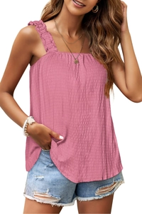 Sleeveless smocked tank top with ruffled straps in dusty pink and casual summer style