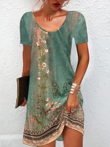 Detail of floral print on vintage dark green short sleeve summer dress for women