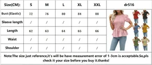 Size chart for floral puff sleeve waist-cinching blouse showing S to XXL dimensions
