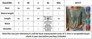 Tableau des tailles pour hauts imprimés à manches longues pour femmes de S à XXL