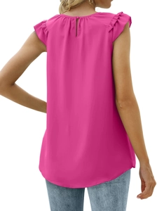 Detailed back view of a sleeveless fuchsia chiffon top featuring ruffle shoulders and keyhole back