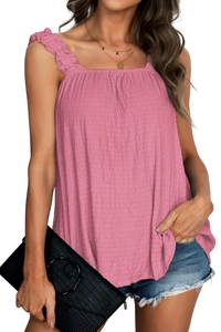 Detail of pink ruffled shoulder straps and pleated texture on women summer tank top