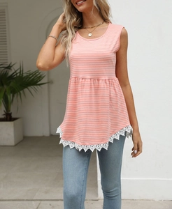 Detail of pink striped tank top featuring pleated waist and white lace hem trim