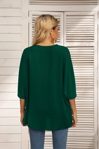 Back view of elegant dark green chiffon blouse with batwing sleeves and loose casual fit