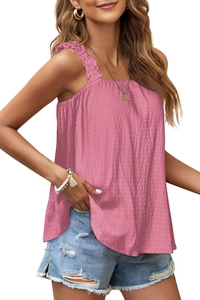 Detail view of pink ribbed tank top featuring ruffle straps and textured bubble fabric