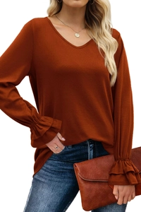 Close-up of caramel V-neck knit top featuring elegant double-layered ruffled bell sleeves
