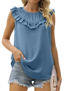 Front view of sleeveless blue chiffon blouse with elegant ruffle neckline detail