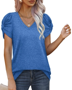 Detail of V-neck knot T-shirt featuring puff sleeves and textured knit fabric in denim blue