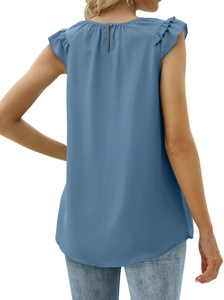 Rear view of sleeveless chiffon blouse in dusty blue with back cutout and ruffle details