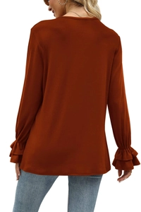Detailed back view of caramel brown long sleeve top featuring tiered ruffle bell sleeves