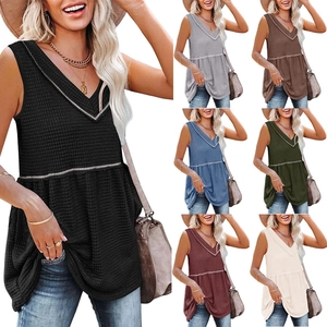 Women Waffle Knit Sleeveless V Neck Top Casual Peplum Babydoll Tank Top Loose Summer Fashion Solid Color Sleeveless Blouse