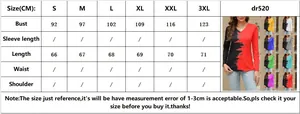 Detailed size chart for women V-neck long sleeve T-shirt with color block print design