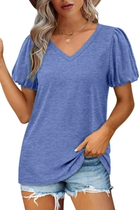 T-shirt bleu à col en V pour femmes avec manches bouffantes et tissu en maille douce