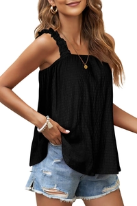 Detail of black ribbed camisole with ruffled elastic straps and textured fabric design