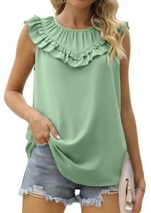 Close-up of light green sleeveless chiffon top with elegant ruffled V-neckline details