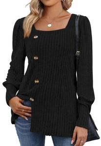 Detail of square neckline and decorative amber buttons on black ribbed knit long sleeve top