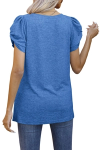 Back view of a navy blue women's short sleeve T-shirt with stylish puff sleeve details