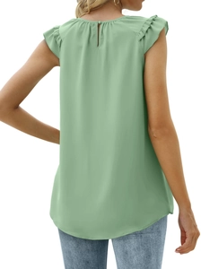 Detail of mint green sleeveless chiffon top featuring pleated ruffle sleeves and back button