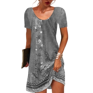 Short sleeve floral print mini dress with bohemian geometric hem and round neckline