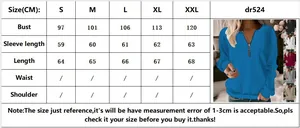 Detailed size chart in CM for women long sleeve half-zip sweatshirt from S to XXL