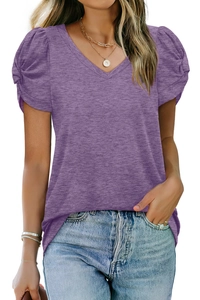 Detail of V-neck heather purple T-shirt showing puffed sleeves and knot detail