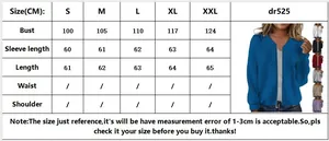 Size chart for women's cable knit zip-up sweatshirt with detailed measurements S-XXL