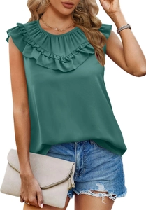 Women's dark green sleeveless chiffon blouse with pleated ruffle neck and casual style