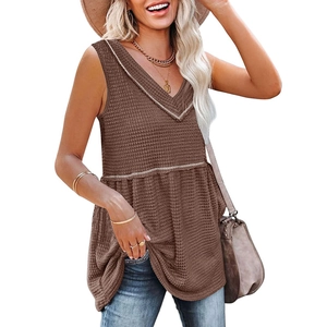 Women's V-neck waffle knit tank top in brown with contrast trim and ruffled hem
