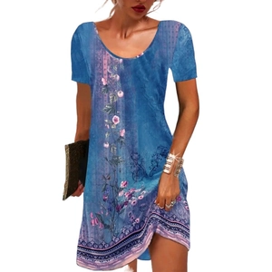 Short sleeve floral print mini dress in blue with bohemian geometric patterns and round neck