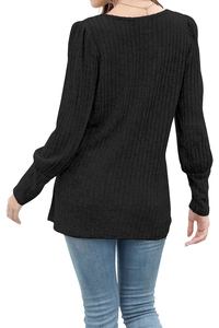 Detail view of black ribbed long-sleeve top featuring puff shoulders and V-back design