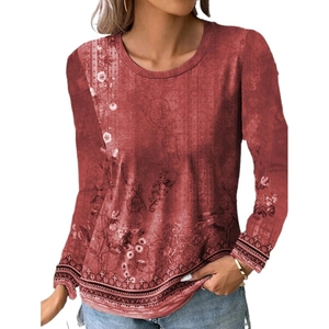 T-shirt manches longues femme rouge brique avec imprimé paysage et motifs ethniques