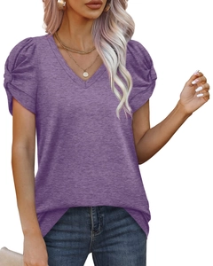 Detail of the puff sleeves and button accents on this purple V-neck short sleeve T-shirt