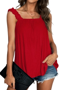 Detail of red square-neck camisole with ruffled straps and textured fabric texture
