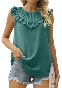 Detail of ruffled neckline on dark green sleeveless chiffon blouse for summer outfits