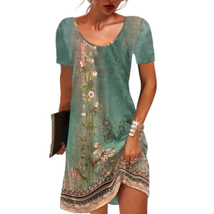 Women's summer short sleeve floral print dress in sage green with ethnic border design
