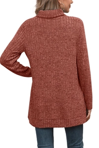 Back view of rust red ribbed knit turtleneck sweater showing texture and loose fit