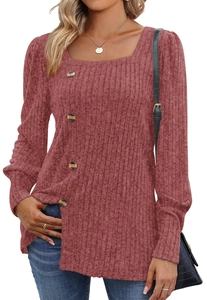 Close-up of square neck rib-knit top with amber decorative buttons and long sleeves