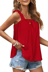 Detail view of the red pleated fabric and ruffled shoulder straps on this summer camisole top