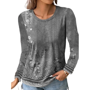 T-shirt manches longues femme avec imprimé floral vintage et motifs gris