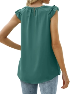 Rear view of dark green sleeveless chiffon blouse with pleated ruffles and keyhole back