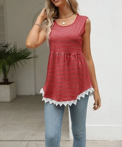 Detailed close-up of red striped sleeveless top with white lace hem and peplum waist detail