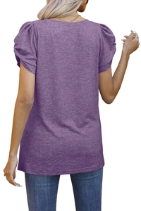 Detail view of purple puff sleeve knit t-shirt with soft texture and pleated shoulder design