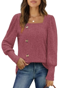 Detail view of square neckline with decorative wooden buttons on pink ribbed knit top