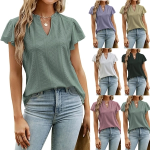 Women V Neck Flutter Sleeve T-Shirt Solid Color Jacquard Eyelet Embroidery Top Summer Casual Polyester Slim Fit Blouse
